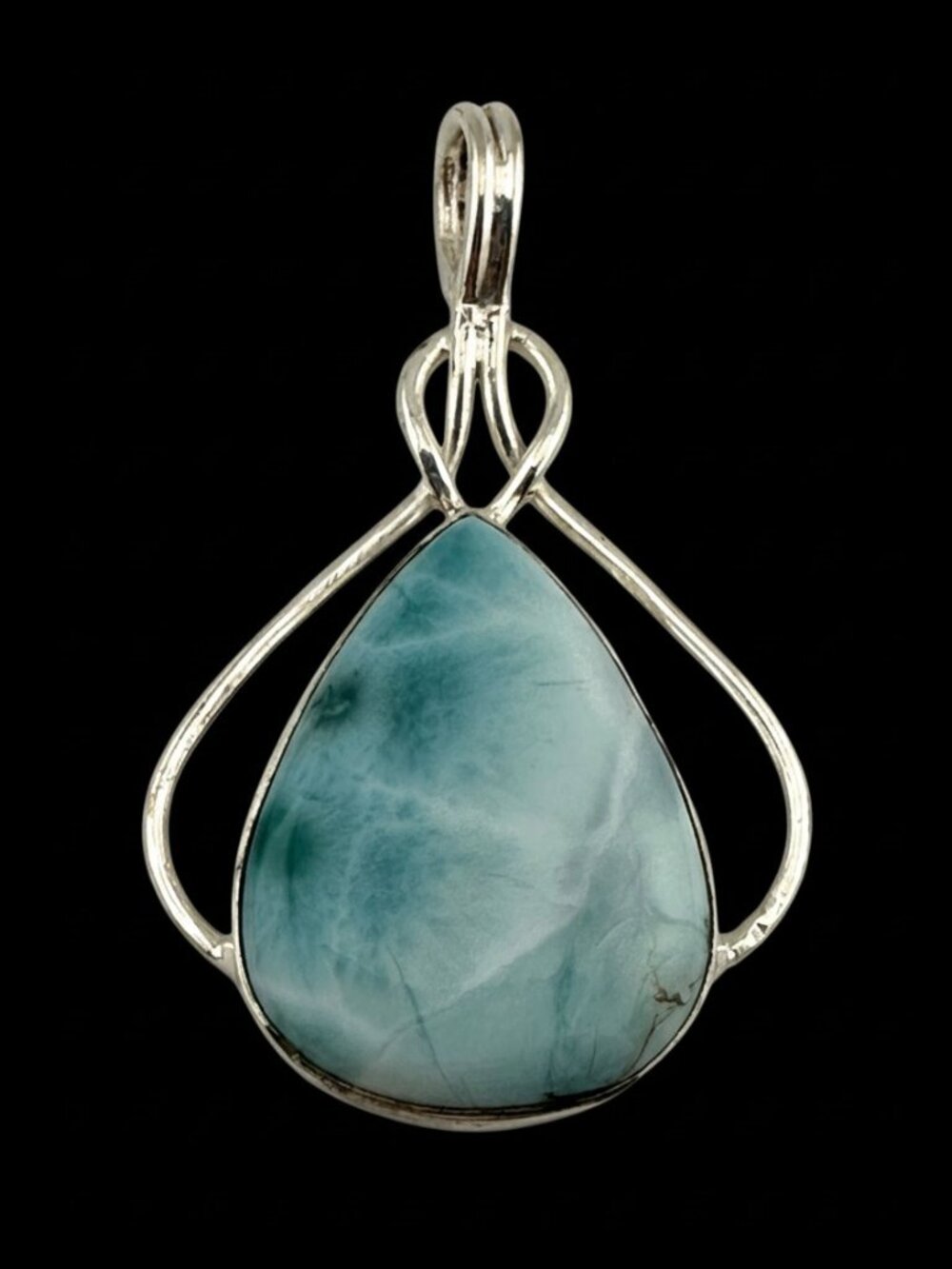 Larimar Pendant 925 Sterling Silver Teardrop Ocean Blue Gemstone Openwork - Picture 4 of 10
